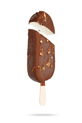  chocolate coated ice cream with almond nuts in a section on a stick on a white background