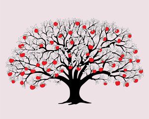 Obraz na płótnie Canvas black apple tree with red apples and leaves