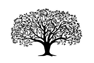 Black silhouette apple tree with leaves