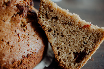 Cake of walnuts on wooden table 