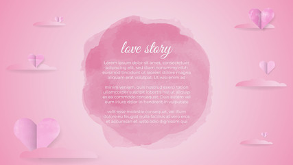 Watercolor Pink love story shaped paper floating with a gradient background. happy mother's day with a symbol of love. for greeting cards, banners, posters, wedding invitations. editable EPS 10 vector