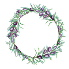 Watercolor black olive tree branch leaves wreath, Realistic olives illustration on white background, Hand painted Frame. Isolated Border design for invitations, greeting card, poster, label concept.