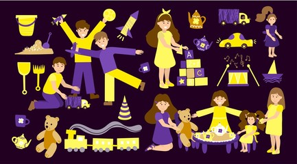 Vector set of kindergarten, children play and nanny. Illustration designer for kindergarten, toy store, baby-sitter, school. Collection of children and toys isolated on a dark background.