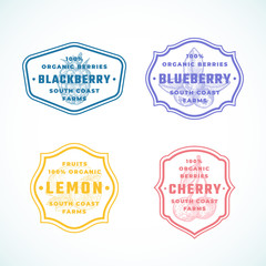Organic Fruits and Berries Abstract Vector Signs, Symbols or Logo Templates Set. Black Berry, Lemon and Cherry Sketch Sillhouettes with Classic Retro Typography in Frames. Vintage Labels Bundle.