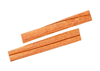 Two cinnamon sticks isolated on a white background, top view.