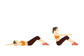 Woman lie down on her back and curl upper body to the top for touch her knees. Illustration about swing up exercise posture.