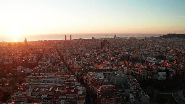 Dawn aerial view of Barcelona with beautiful patterns in Spain.