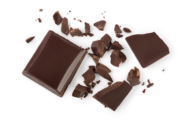 piece of chocolate isolated on white background with clipping path. . Top view. Flat lay.