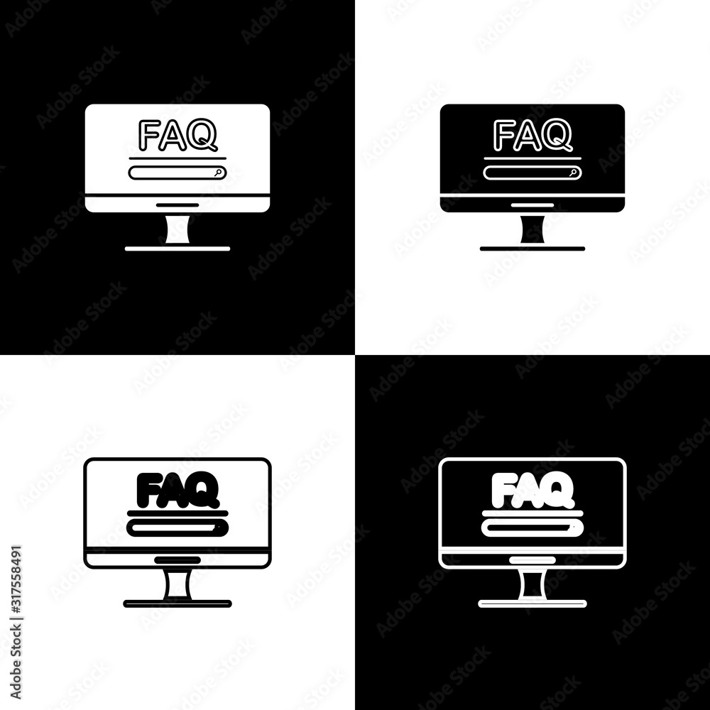 Poster set computer monitor with text faq information icon isolated on black and white background. frequent