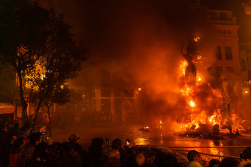 Fallas in Valencia. The figures burn in the fire and fireworks in the final part of the festivities.