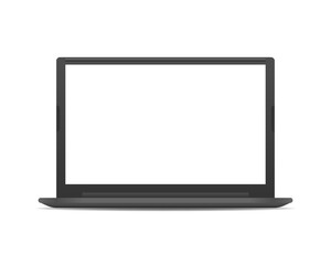 Computer notebook with blank white screen. Laptop computer mockup isolated on white background.