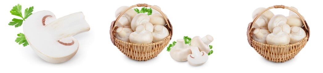 Fresh mushrooms champignon isolated on white background with clipping path and full depth of field. Set or collection