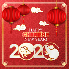 Happy Chinese new year 2020 year of the Rat. Background with chinese lanterns and clouds. Vector
