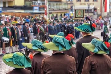 Marksmen in their costumes at the Marksmen&rsquo;s fair in Wolkenstein / Selva di Val Gardena, Dolomite Alps in South Tyrol, Italy