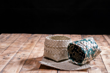 baskets and mat from leave freeze on the wooden table
