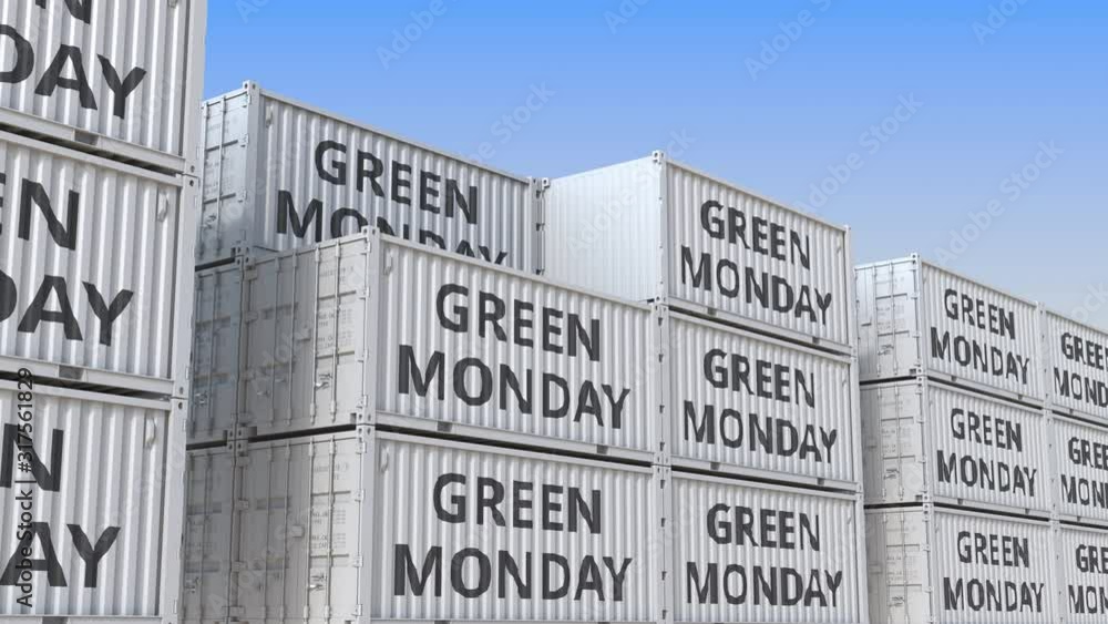 Aufkleber containers with green monday text. loopable 3d animation