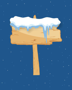 Cartoon wooden winter sign with snow cap vector illustration. Snowy sign board. Wood directional arrow, snow covered banner