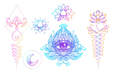 Sacred Geometry and Boo symbol set. Ayurveda sign of harmony and balance. Tattoo design, yoga logo. poster, t-shirt textile. Colorful rainbow gradient over black.