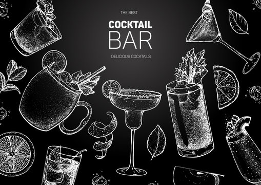 Alcoholic cocktails hand drawn vector illustration. Cocktails sketch set. Engraved style. Mai tai, moscow mule, margarita, bloody mary, bellini.
