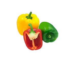 three of beauty shape capcicum decoration food. fresh green yellow red sweet peeper or bell pepper vegetable.Cut half show seed. Isolated on white background with clipping path