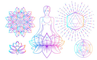 Sacred Geometry and Boo symbol set. Ayurveda sign of harmony and balance. Tattoo design, yoga logo. poster, t-shirt textile. Colorful rainbow gradient over black.