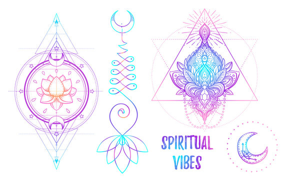 Sacred Geometry and Boo symbol set. Ayurveda sign of harmony and balance. Tattoo design, yoga logo. poster, t-shirt textile. Colorful rainbow gradient over black.