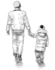 Fototapeta na wymiar Sketch of a man with his little child going for a walk