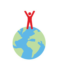 On top of the world - happiness, winning, succeeding -  vector image of a figure standing on the globe with arms raised.