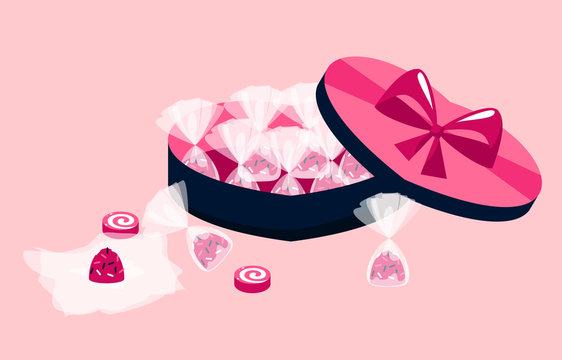 The 14th of February. Valentine's day concept. Sweets, candies and box of chocolates with big bow. Pink background. Greeting card, poster, flyer.
