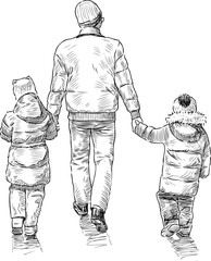 Fototapeta na wymiar Sketch of parent with his little children going for a stroll