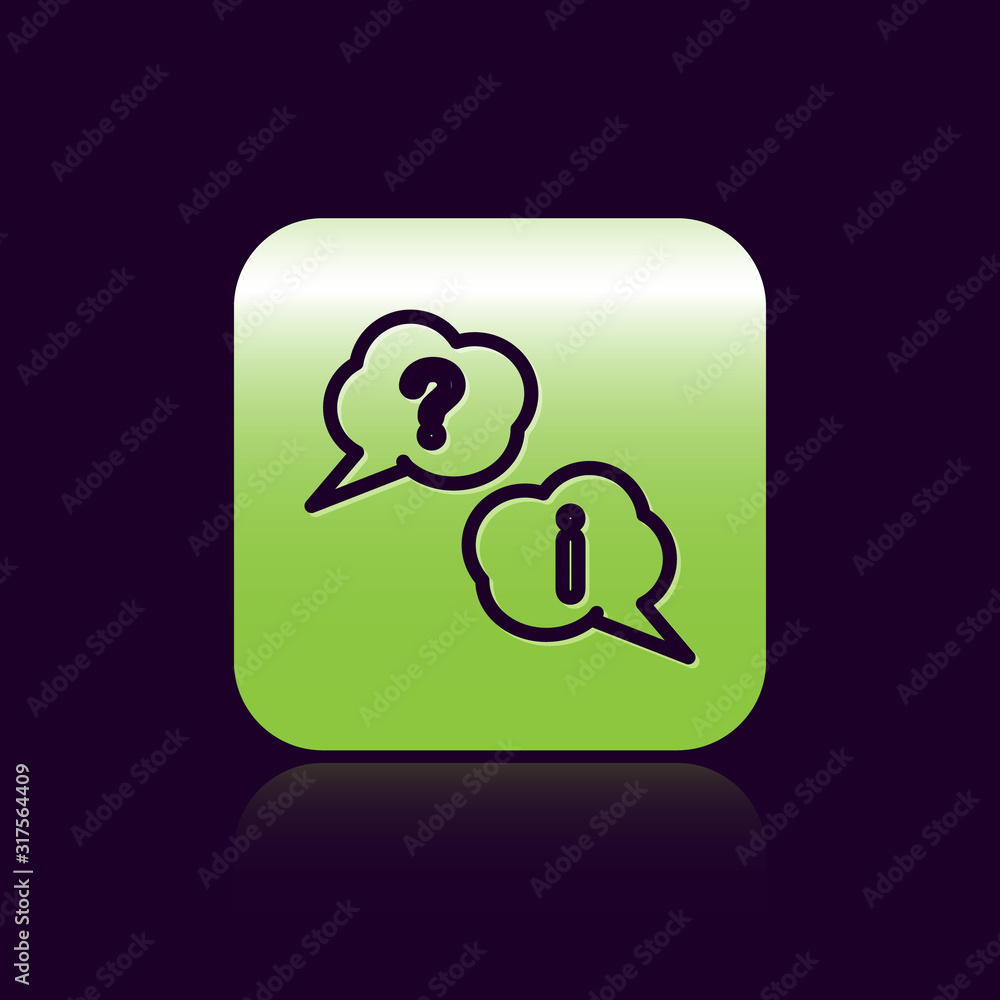 Poster black line speech bubbles with question and exclamation icon isolated on black background. faq sign.