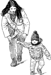 Sketch of young mother with her little son going for a stroll