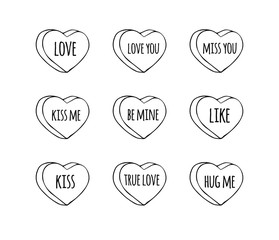 Vector hand drawn doodle set of black outline sweet heart candies isolated on white background. Bundle of flat cartoon conversation text sweets for valentines day