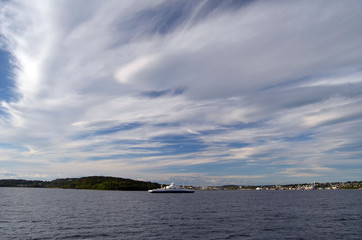 Oslofjord. View of the North Sea from Ferry from Horten to Moss connects Ostfold and Vestfold in Norway. Ferry crossing Oslofjord