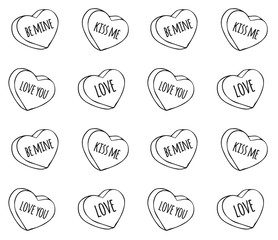 Vector seamless pattern of outline hand drawn doodle sketch valentine candy hearts with love text isolated on white background
