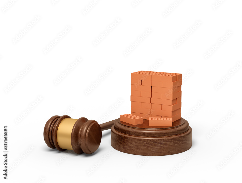 Poster 3d rendering of miniatured stack of red bricks on sounding block with gavel lying beside.