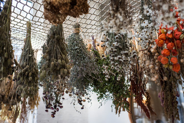 Bunches of hanging dried flowers