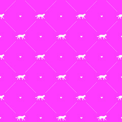 Vector seamless pattern of white cat silhouette and hearts isolated on pink background
