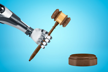 3d rendering of robotic hand holding brown wooden gavel with round wooden block on blue background