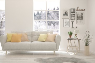Stylish room in white color with sofa and winter landscape in window. Scandinavian interior design. 3D illustration