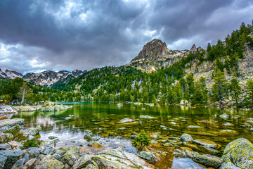 Alpine lake of San Mauricio in the Aigues Tortes National Park in the Spanish Pyrenees