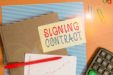 Text sign showing Signing Contract. Business photo showcasing the parties signing the document...