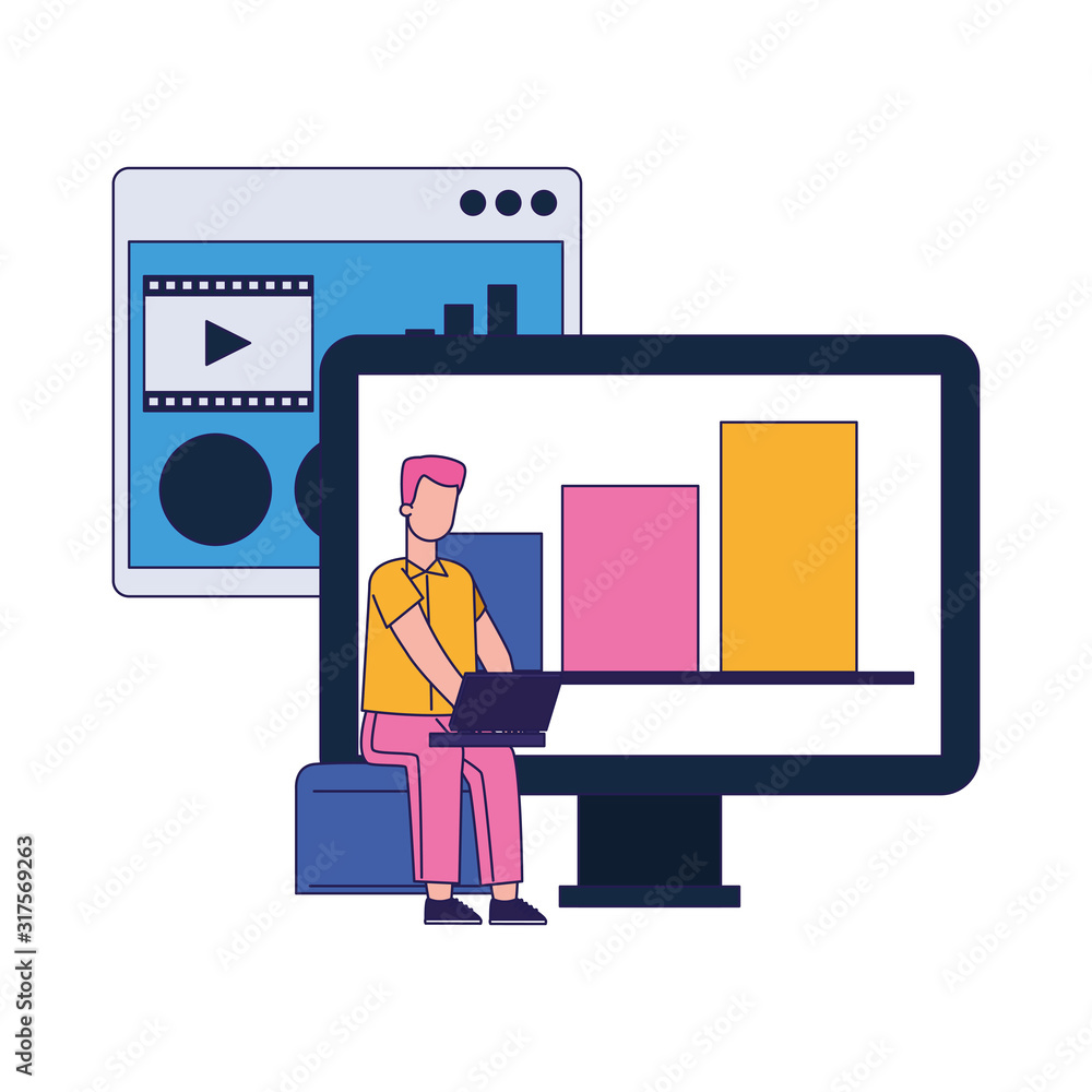 Poster computer and man using a laptop computer