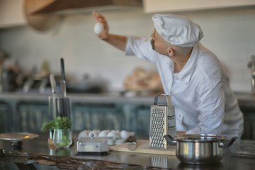 french chef in the kitchen preparing food, cooking, haute cuisine, man with mustache