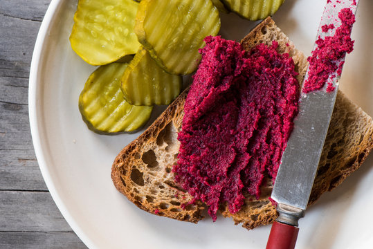Salt-Roasted Beet Mousse on toast with pickles