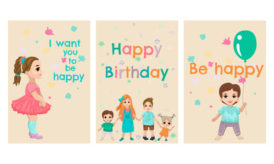 Happy birthday card set. Children's holiday. Vector illustration