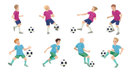 Set of children football players. Boys play football with the ball. Vector illustration