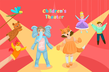 Obraz na płótnie Canvas Children on stage, children theater. Dolls and puppets. Vector illustration