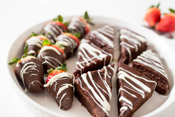 Tray of Chocolate Covered Strawberries and Chocolate Ganache Brownies
