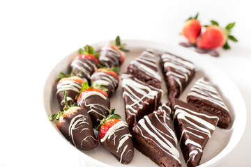Tray of Chocolate Covered Strawberries and Chocolate Ganache Brownies
